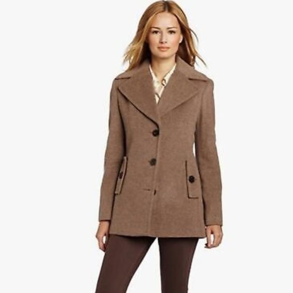 CALVIN KLEIN Women's Tan Wool Silk Single Breast Pea Coat 14 NEW - Picture 1 of 11